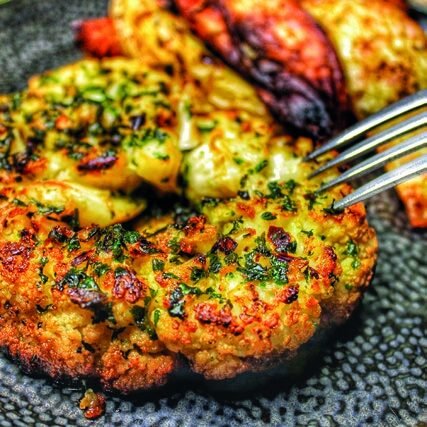 Smoked Chilli and garlic cauliflower and wedges with harissa mayo rums the word photo